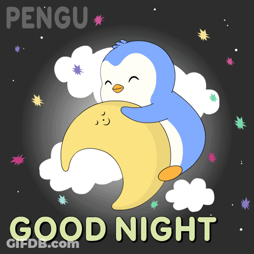 A Penguin Sleeping On A Crescent Moon With The Words Good Night Written Below It GIF