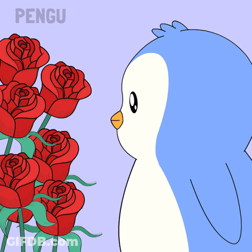 A Penguin Smelling A Bunch Of Red Roses With The Word Pengu On The Bottom Right GIF