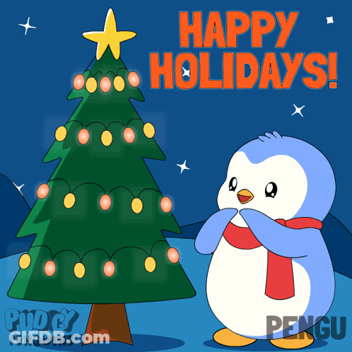 A Penguin Standing In Front Of A Christmas Tree With The Words Happy Holidays GIF