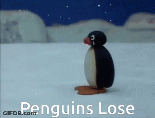 A Penguin Standing In The Snow With The Words Penguins Lose GIF