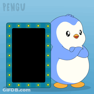 A Penguin Standing Next To A Sign That Says Pengu On It GIF