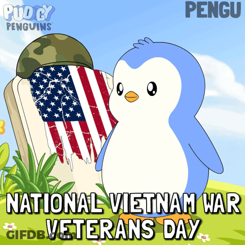 A Penguin Stands In Front Of A Grave With An American Flag And A Soldier 'S Helmet GIF