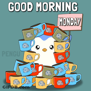 A Penguin Surrounded By Coffee Cups With A Sign That Says Monday GIF