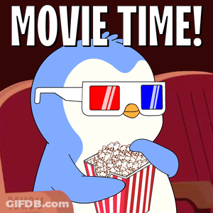 A Penguin Wearing 3D Glasses Is Holding A Bucket Of Popcorn And Says Movie Time GIF
