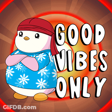 A Penguin Wearing A Bandana And A Blue Shirt Says Good Vibes Only GIF
