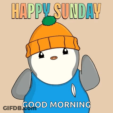 A Penguin Wearing A Beanie And A Blue Shirt Says Happy Sunday Good Morning GIF