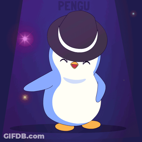 A Penguin Wearing A Black Hat With The Word Pengu Written Above It GIF