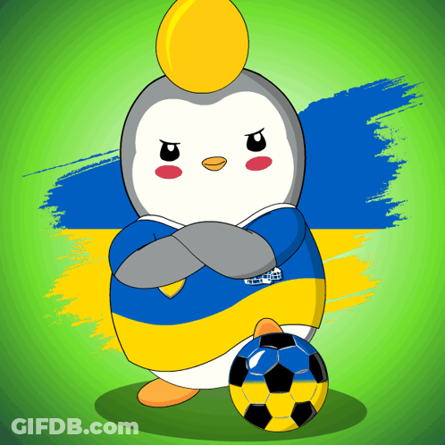 A Penguin Wearing A Blue And Yellow Shirt That Says ' Uae ' On It GIF