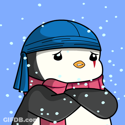A Penguin Wearing A Blue Hat And A Scarf Is Standing In The Snow GIF
