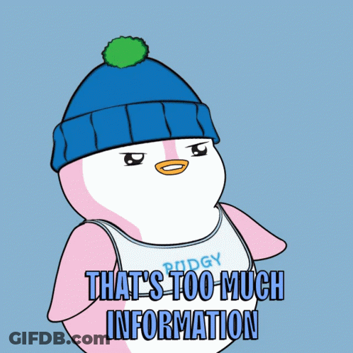 A Penguin Wearing A Blue Hat And A Tank Top That Says Pudgy That 'S Too Much Information On It GIF