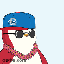 A Penguin Wearing A Blue Hat And Sunglasses Is Holding A Stack Of Money GIF