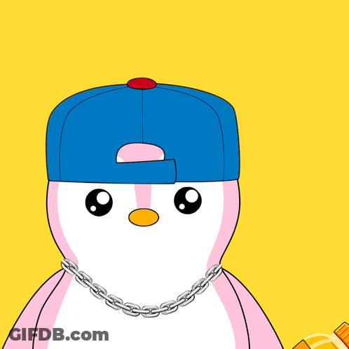 A Penguin Wearing A Blue Hat Holds A Bottle Of Juice GIF