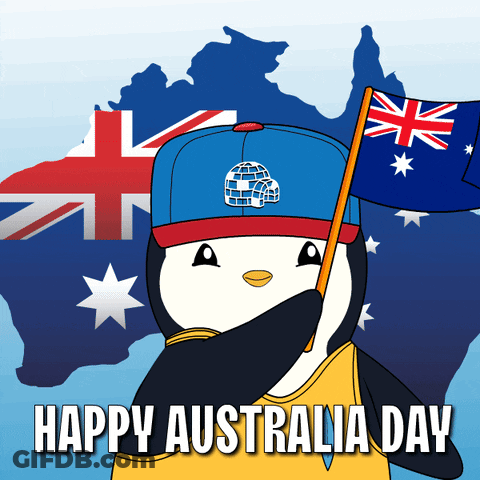 A Penguin Wearing A Blue Hat Holds A Flag In Front Of A Map Of Australia And The Words Happy Australia Day GIF