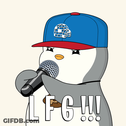 A Penguin Wearing A Blue Hat Holds A Microphone And Says Lfc W GIF
