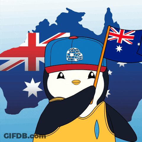 A Penguin Wearing A Blue Hat Holds An Australian Flag In Front Of An Australian Map GIF