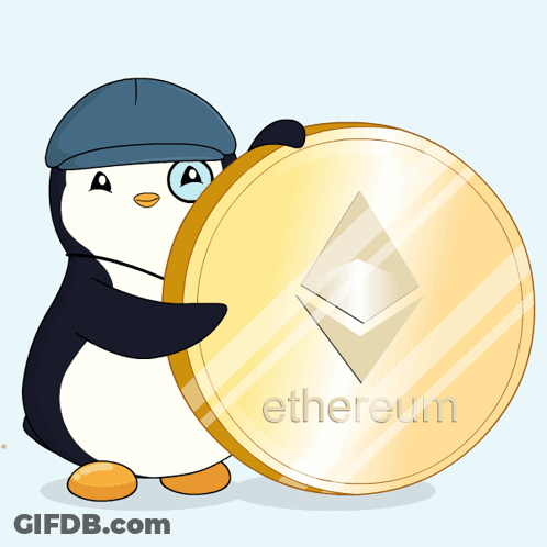 A Penguin Wearing A Blue Hat Is Holding A Large Ethereum Coin GIF