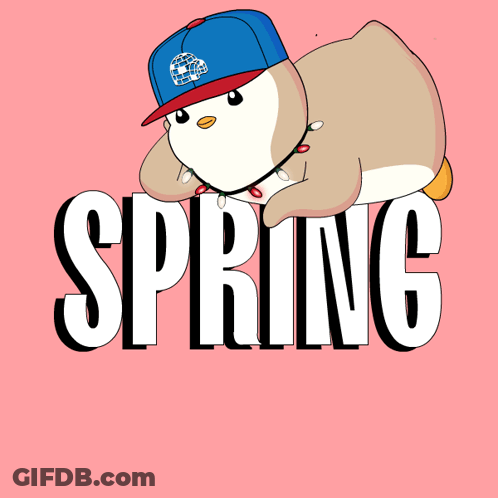 A Penguin Wearing A Blue Hat With The Words " My Spring Mood " GIF