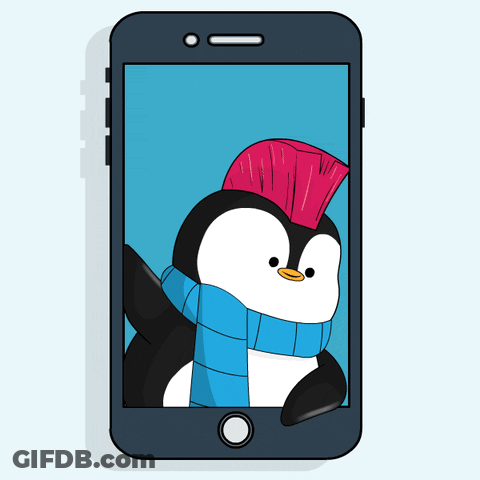 A Penguin Wearing A Blue Scarf And A Red Mohawk Is On The Screen Of A Smart Phone GIF