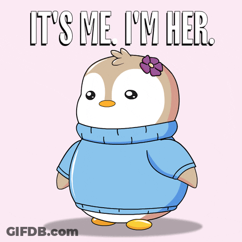 A Penguin Wearing A Blue Sweater With The Words It 'S Me I 'M Her Below It GIF