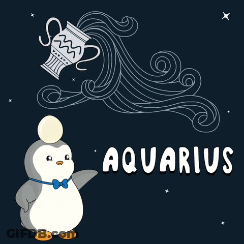 A Penguin Wearing A Bow Tie Stands Next To A Drawing Of An Aquarius Sign GIF