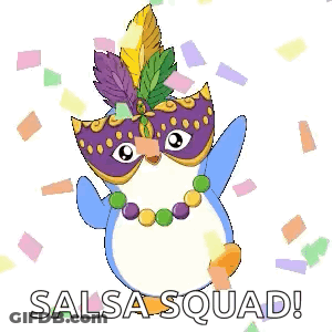A Penguin Wearing A Carnival Mask And A Necklace Is Surrounded By Confetti And The Words `` Salsa Squad '' . GIF