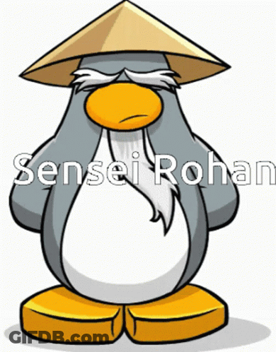 A Penguin Wearing A Conical Hat Has The Name Sensei Rohan Written On The Bottom GIF