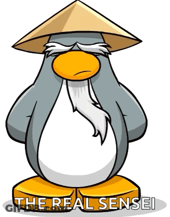 A Penguin Wearing A Conical Hat With The Words The Real Sensei Written On It GIF