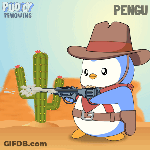 A Penguin Wearing A Cowboy Hat Is Holding A Gun In Front Of A Cactus GIF