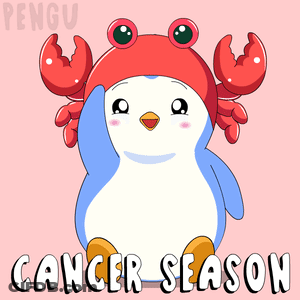 A Penguin Wearing A Crab Hat With The Words Cancer Season Written Below It GIF