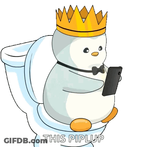 A Penguin Wearing A Crown And A Bow Tie Is Sitting On A Toilet Holding A Cell Phone . GIF