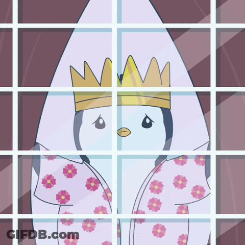 A Penguin Wearing A Crown And A Floral Dress Looks Out A Window GIF