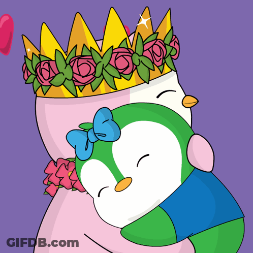 A Penguin Wearing A Crown Holds Another Penguin GIF