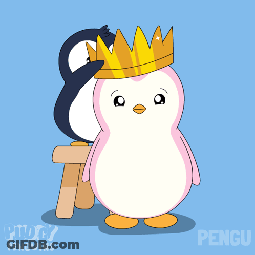 A Penguin Wearing A Crown Is Next To Another Penguin On A Stool GIF