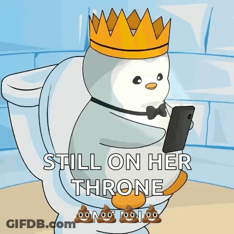 A Penguin Wearing A Crown Is Sitting On A Toilet Holding A Cell Phone GIF