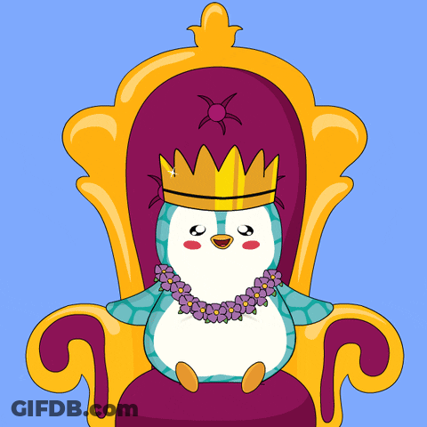 A Penguin Wearing A Crown Sits On A Throne GIF
