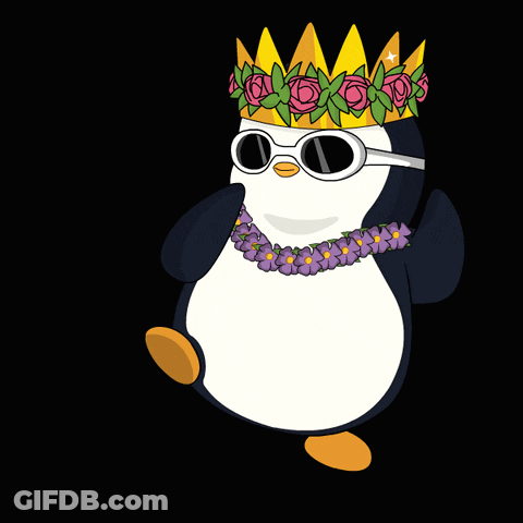 A Penguin Wearing A Crown Sunglasses And A Flower Lei GIF