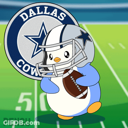 A Penguin Wearing A Dallas Cowboys Football Helmet Holds A Football GIF