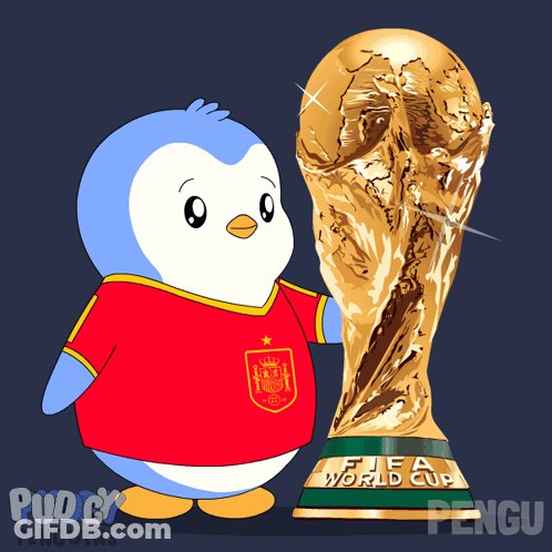 A Penguin Wearing A Fifa World Cup Shirt Stands Next To A Trophy GIF