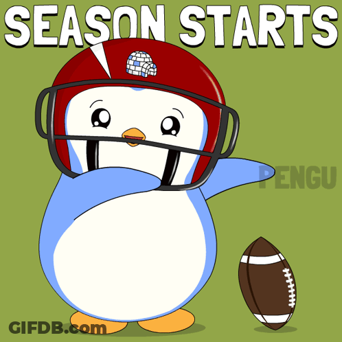A Penguin Wearing A Football Helmet And Holding A Football With The Words Season Starts Behind It GIF