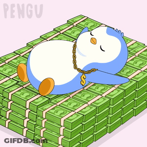 A Penguin Wearing A Gold Chain Is Laying On A Stack Of Money GIF