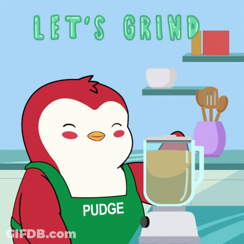 A Penguin Wearing A Green Apron That Says Pudge Is Holding A Blender GIF