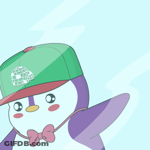 A Penguin Wearing A Green Hat And Holding A Brush Paints A Heart GIF