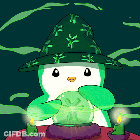 A Penguin Wearing A Green Hat Holds A Crystal Ball GIF