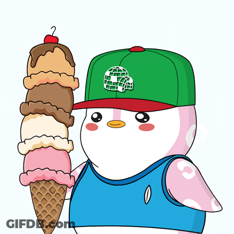 A Penguin Wearing A Green Hat Is Holding A Stack Of Ice Cream Cones GIF