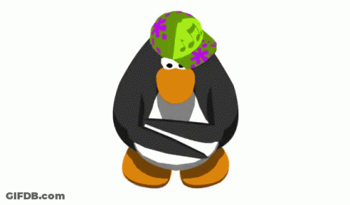 A Penguin Wearing A Green Hat With Musical Notes On It GIF