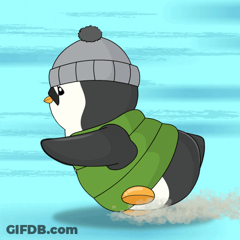 A Penguin Wearing A Green Sweater And A Grey Hat GIF