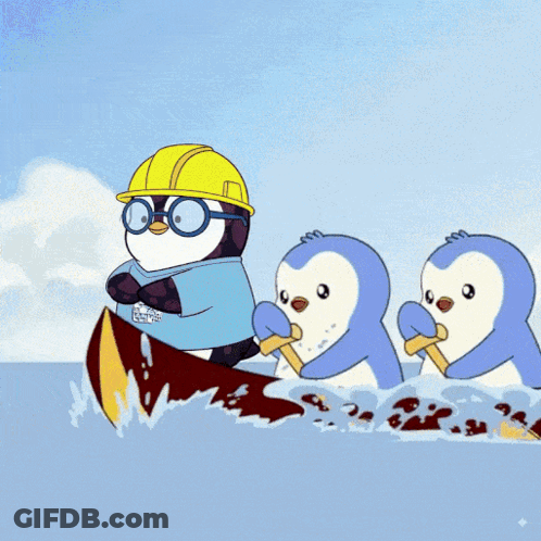 A Penguin Wearing A Hard Hat And Glasses Is Rowing A Boat With Three Other Penguins GIF