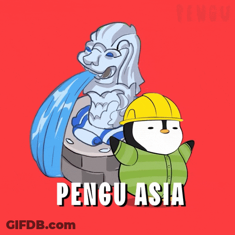 A Penguin Wearing A Hard Hat Is Standing Next To A Statue Of A Lion And The Words Pengu Asia Below It GIF