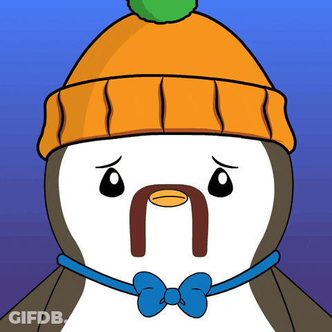 A Penguin Wearing A Hat And A Bow Tie Has A Sad Look On His Face GIF
