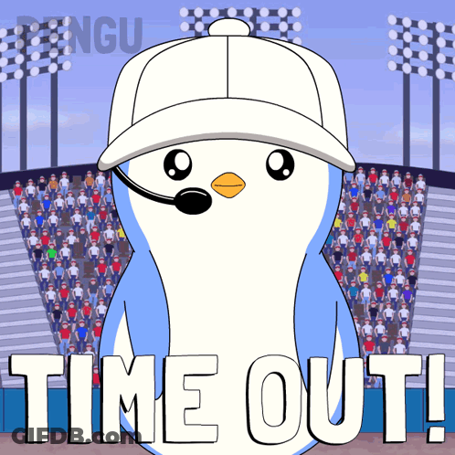 A Penguin Wearing A Hat And A Headset Stands In Front Of A Crowd And Says Time Out GIF